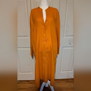 Zara Long Button-Front Unlined Linen Tunic in Orange